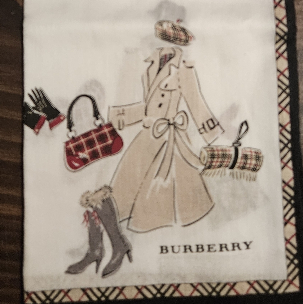 Vintage  Burberry Beige Trench Coat Illustration Scarf with Red Plaid Accents